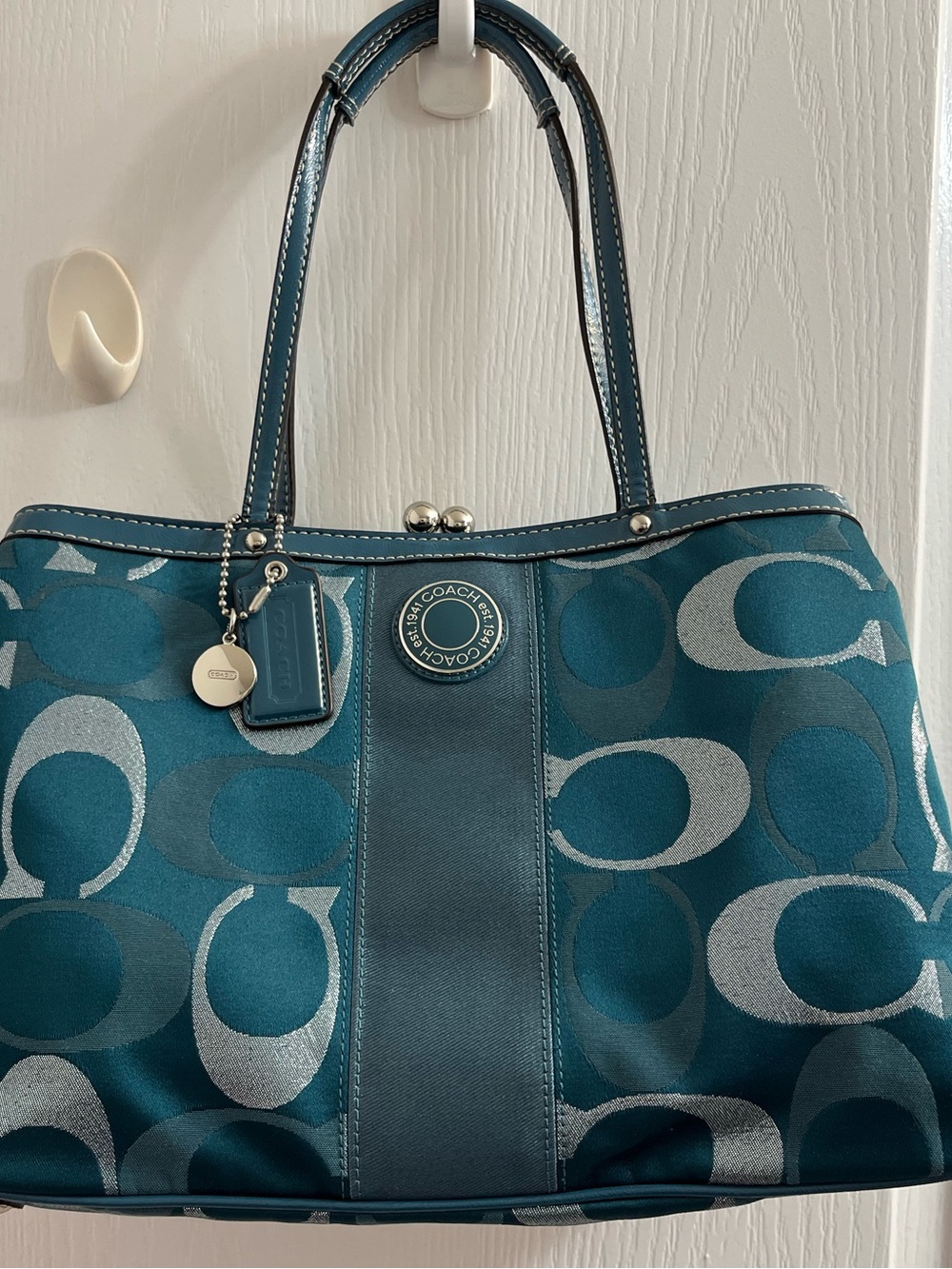 Coach Teal Signature 'C' Jacquard Tote with Leather Trim